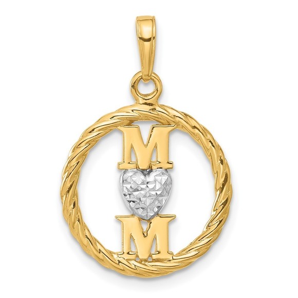 14K Gold and White Rhodium D/C Heart Mom Pendant - Picture 1 of 4